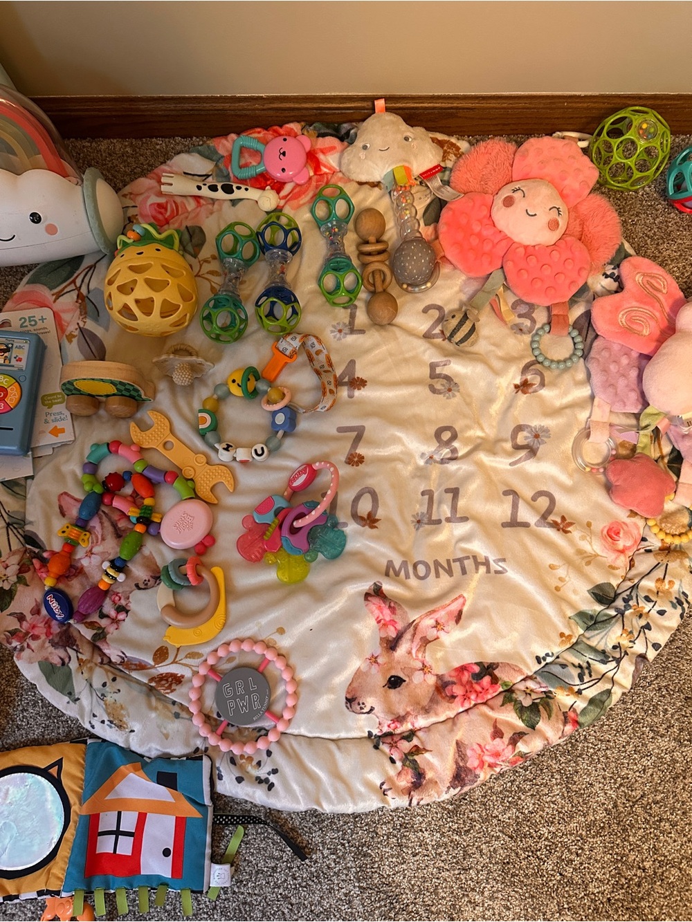 Baby Milestone Play Mat with Pink Floral Rabbit Design